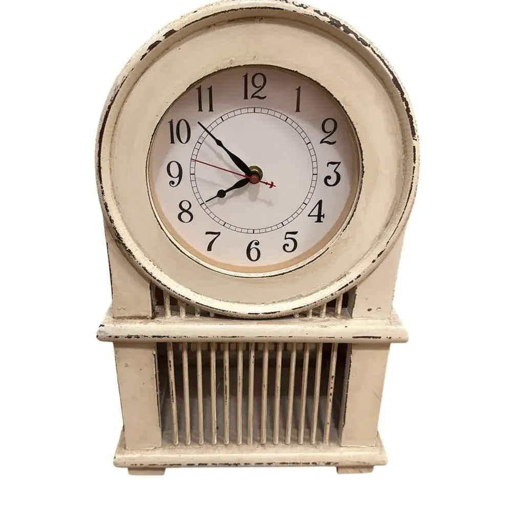 Vintage French Country-style Mantel Clock with A Distressed White Finish. Works
